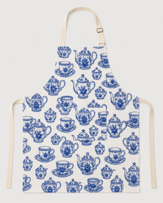 Blue Willow Tea apron laid flat