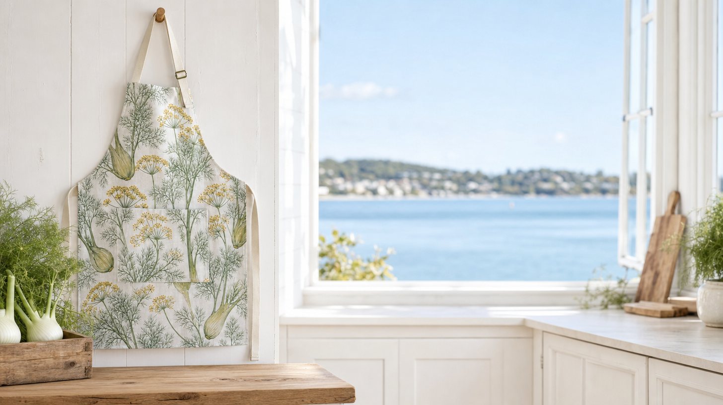 Fennel & Dill apron hanging in a bright kitchen with a window onto the bay